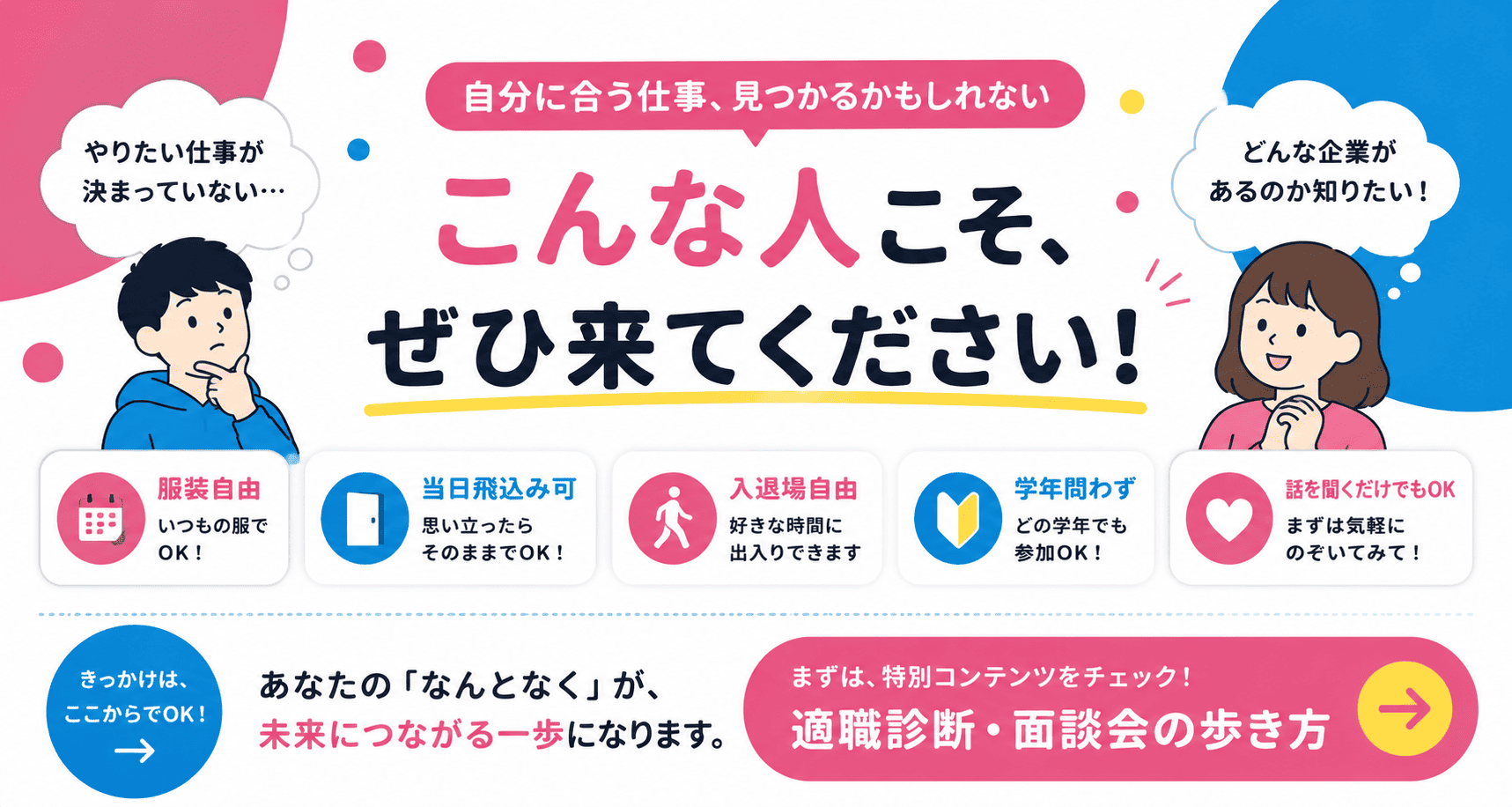 「自分に合う仕事、見つかるかもしれない」こんな人こそ、ぜひ来てください！｜やりたい仕事が決まってない。どんな企業があるのか知りたい。｜あなたの「なんとなく」が、未来につながる一歩になります。まずは特別コンテンツをチェック！適性診断面談会の歩き方。
